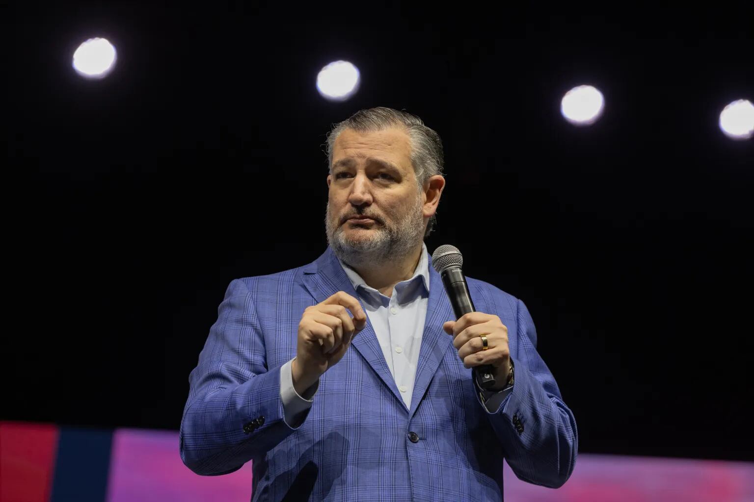 U.S. Sen. Ted Cruz speaks to delegates and attendees at the 2026 Texas Republican Convention in Houston on June 13, 2026. Eddie Gaspar/The Texas Tribune