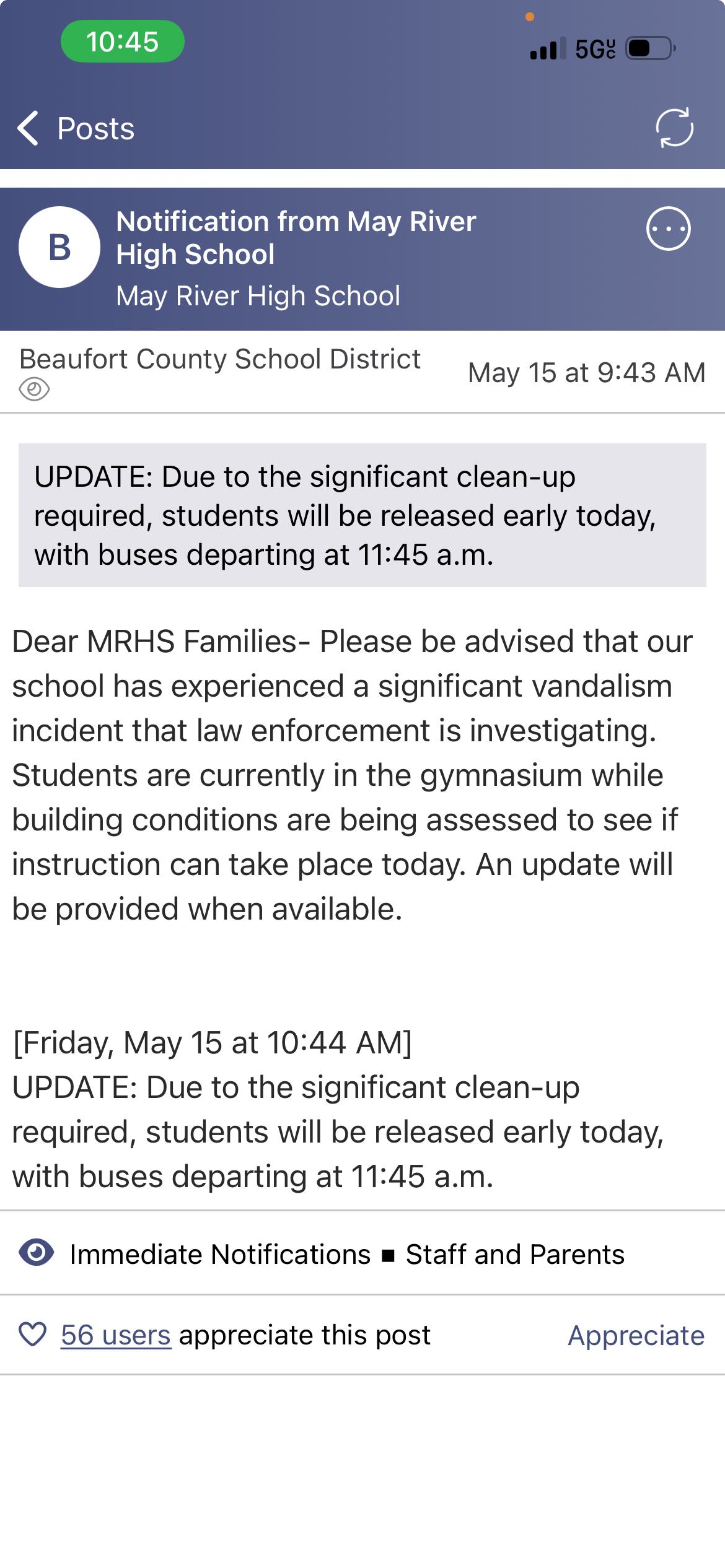 Parents at May River High School were sent an update on the vandalism incident.
