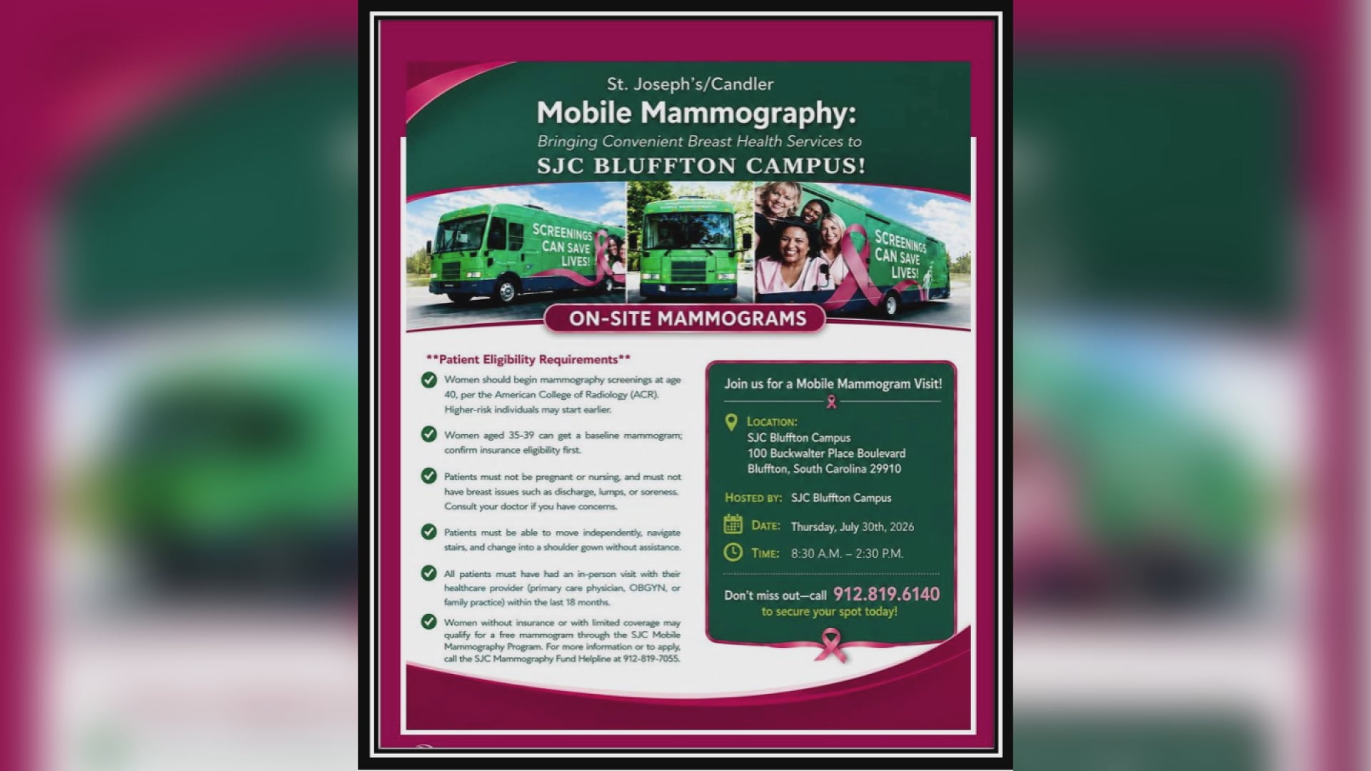 St. Joseph’s/Candler offering mobile mammograms in Bluffton on July 30