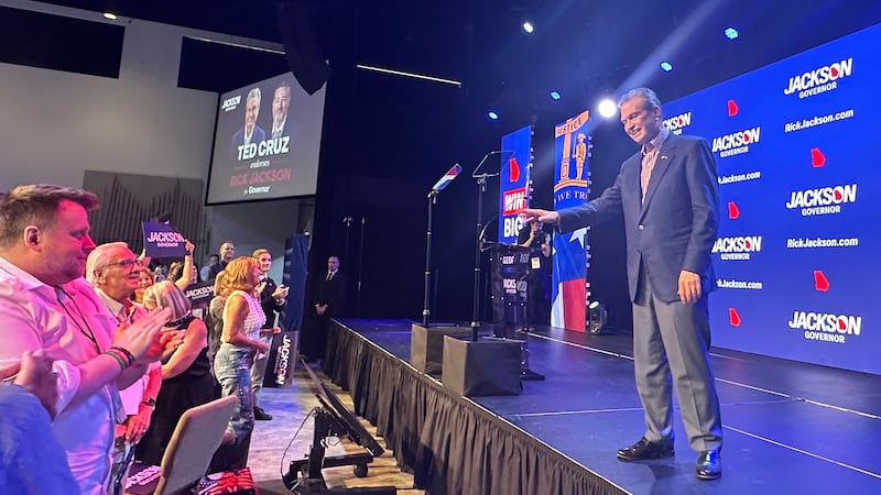 Georgia governor candidate Rick Jackson campaigns in Alpharetta, Ga., Monday, June 15, 2026,...
