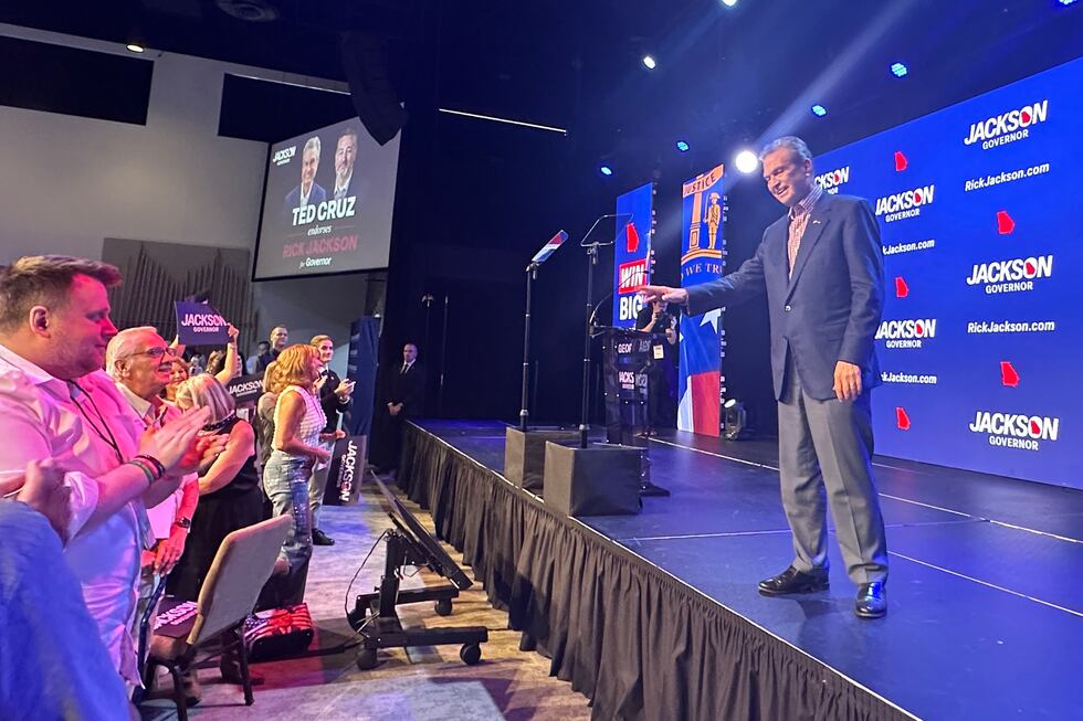 Georgia governor candidate Rick Jackson campaigns in Alpharetta, Ga., Monday, June 15, 2026,...