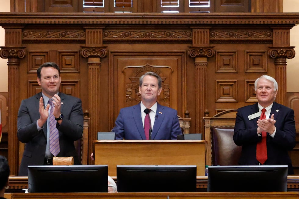 Georgia Lieutenant Gov. Burt Jones, left, and Georgia Speaker of the House Jon Burns, right,...