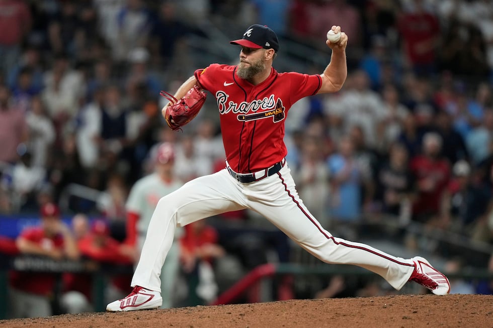 Atlanta Braves pitcher Chris Sale throws against the Philadelphia Phillies in the eighth...