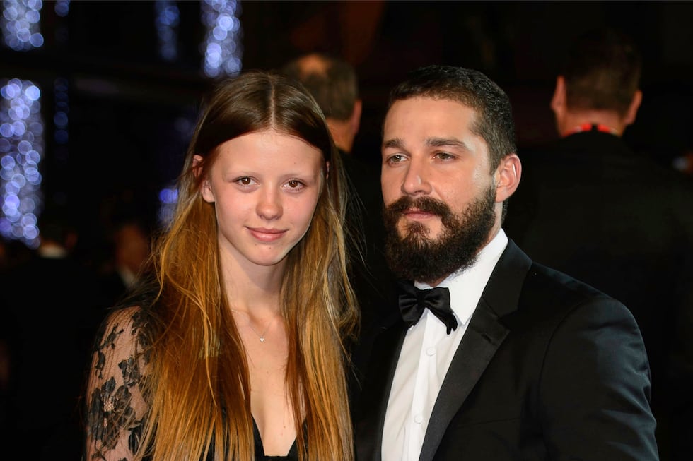 FILE - Mia Goth, left, and Shia LaBeouf appear at the premiere of the film "Fury," during the...
