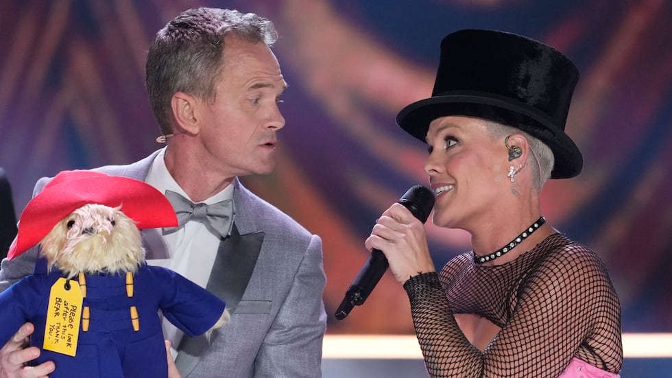 Neil Patrick Harris, left, and Host Pink perform during the 79th Tony Awards on Sunday, June...